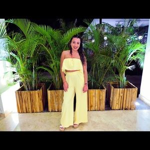 Yellow two-piece crop top and pant set